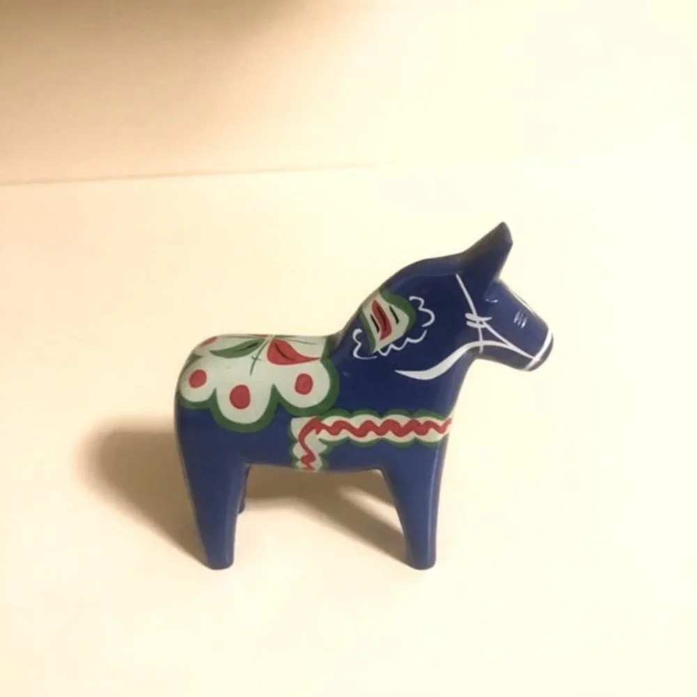 Vntage Akta Hemslojd Painted Swedish Dala Horse Wooden blue 10cm Authen…